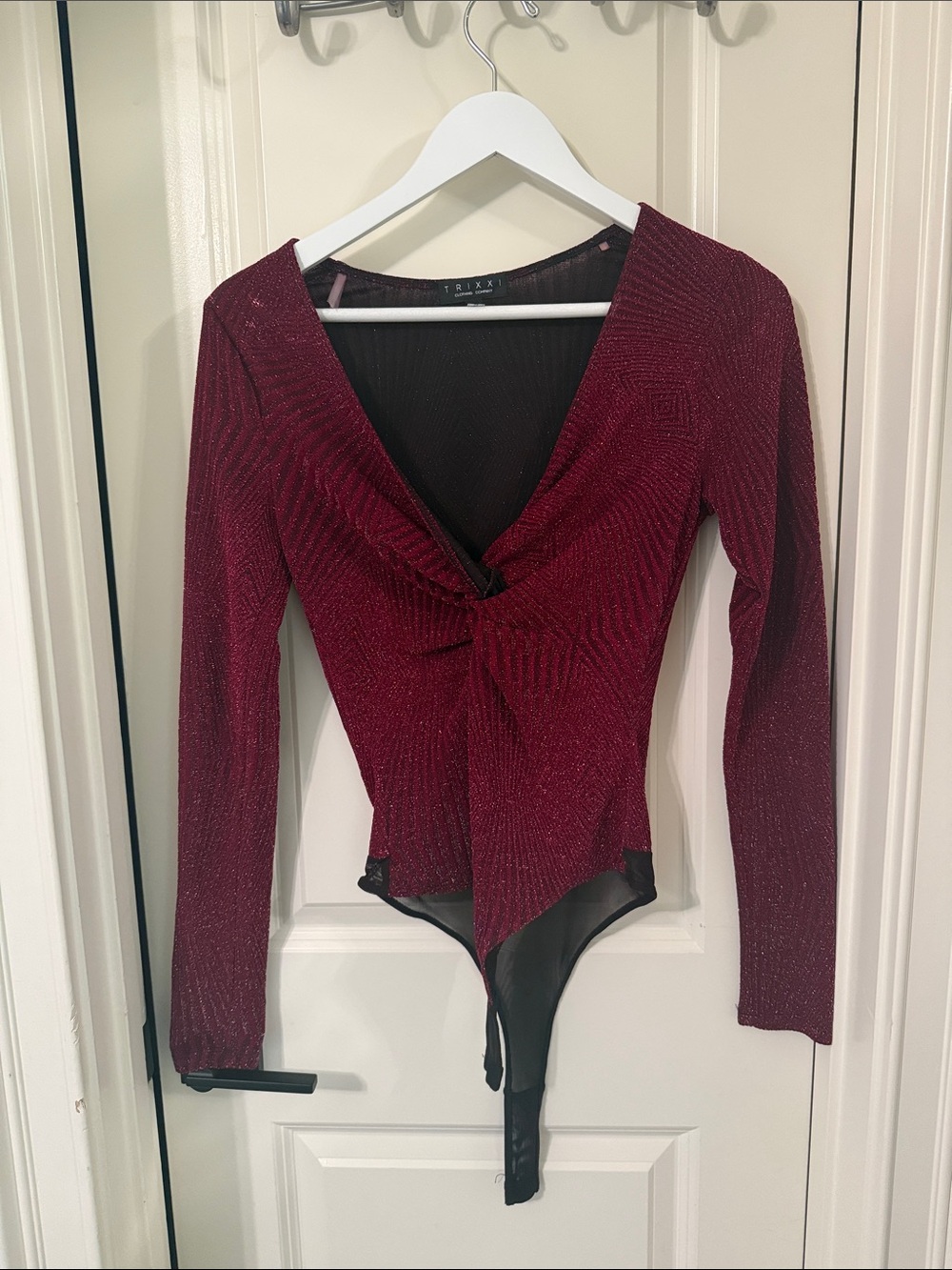 Trixxi Wine Sparkle Twist-Front Long Sleeve Bodysuit